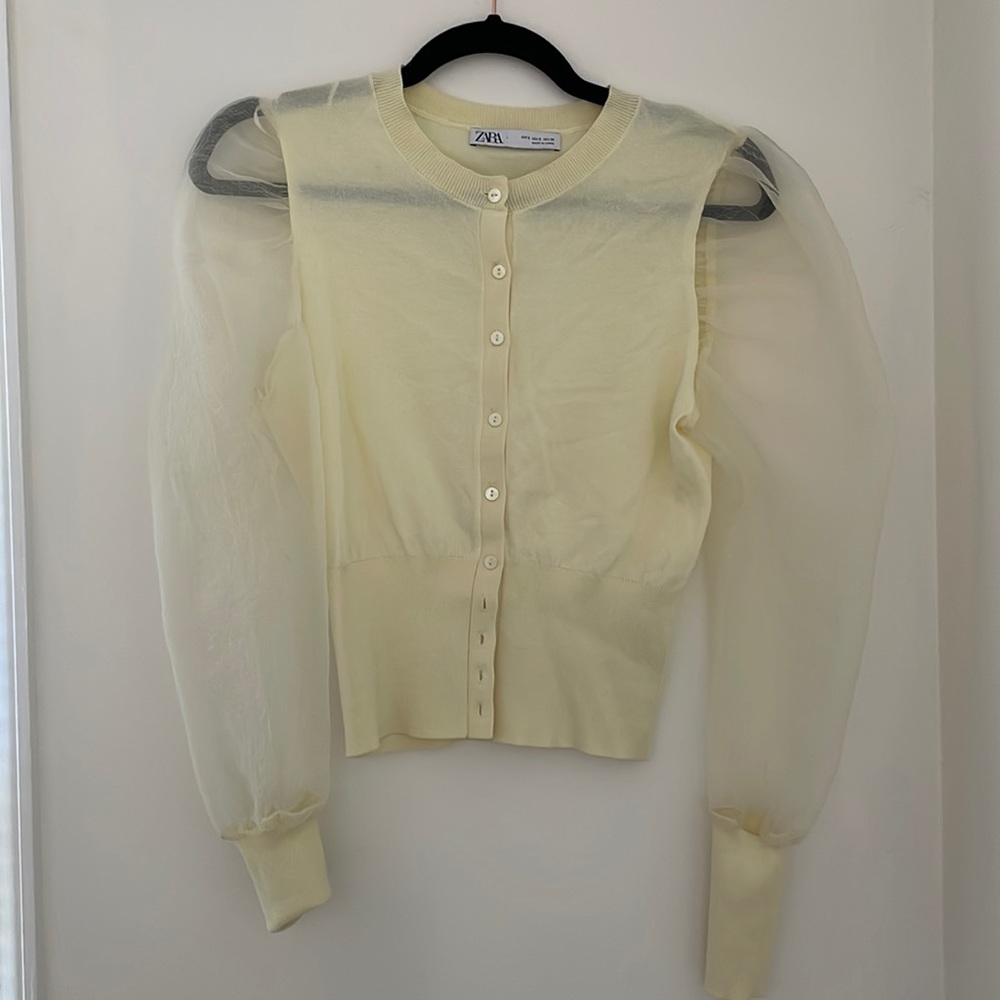 Butter yellow puff sleeve cardigan from ZARA